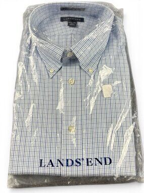 Lands’ End Men’s Dress Shirt 17.5-36 Tall Blue Mini Check Button Down